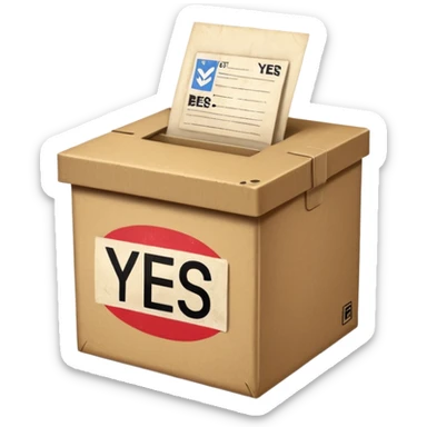 Vote box with "yes, but" aber' written on the front and paper entering the top slot sticker