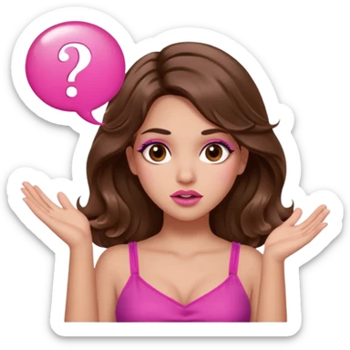 girl with long wavy brown hair, brown eyes, long lashes makeup, sexy pink lips, light to medium complexion, pink sexy top, two hands up, shrugging, confused question mark bubble sign sticker