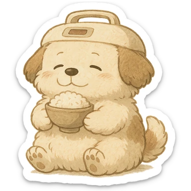 chibi rice cooker as a soft, fluffy dog with a round belly, holding a rice bowl, soft cream and brown, full-body sticker