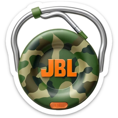 Extremely simple JBL Clip 4, clean circular form with hook, just 2-3 green camo elements, prominent JBL logo, iOS emoji style sticker
