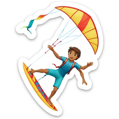 A kite surfer soaring above the waves, holding onto a kite with the wind in full force. The background showcases the ocean and sky, emphasizing the freedom, thrill, and energy of the sport. The motion of the kite and board is dynamic, capturing the excitement of kiting. sticker