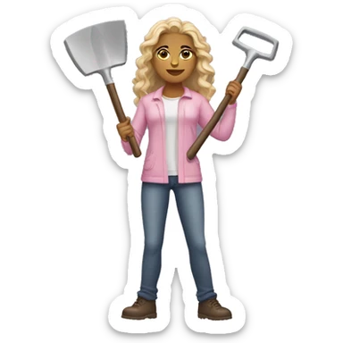 Woman holding gray shovel   skin pink light      hair long brown wavy sticker