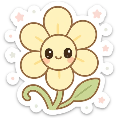 vanilla flower in kawaii style, big shiny doe eyes, soft expression, transparent background sticker