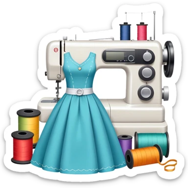 Sewing icon, measuring tape, pins, scissors, and a dress in progress, sewing machine with thread, visible needle, spools of thread, fabric pieces cut according to patterns, minimalistic style, clean lines, transparent background. sticker