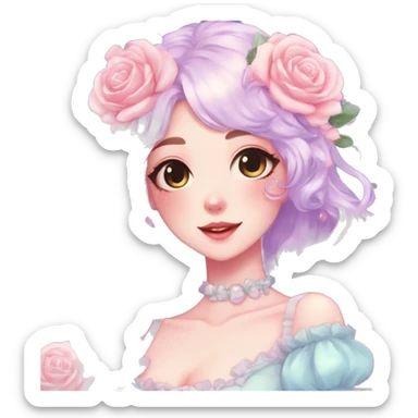 Gorgeous pastel anime style lady with blushing face and roses cottagecore fairycore pastelcore shiny colorful pearly aesthetic trending style sticker