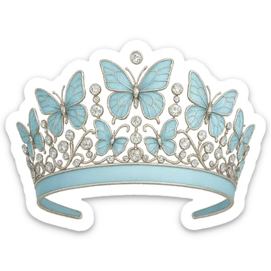 butterfly crown with a pastel blue base, butterflies in light blue enamel, sparkling gems sticker