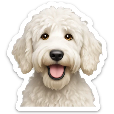 White golden doodle with brown ear sticker