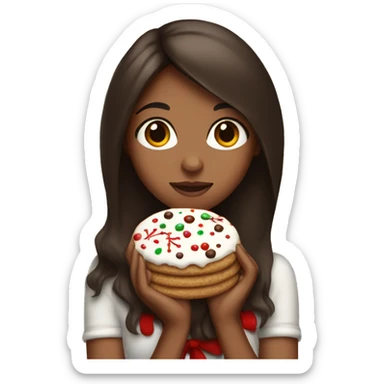 Tan girl with dark brown long hair holding a Christmas cookie  sticker