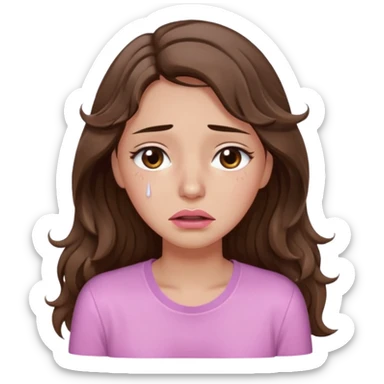 girl with wavy long brown hair, brown eyes, light to medium complexion, long lashes, light pink lipstick, wearing light pink shirt, weeping lots of big tears sticker