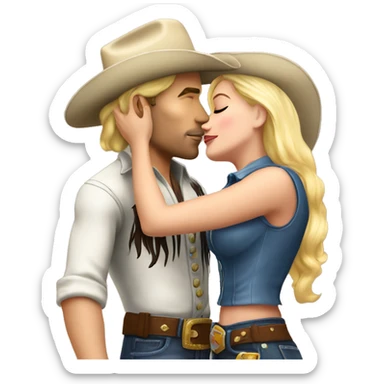 a short blonde cowgirl kissing the cheek of a tall blonde cowboy full body sticker