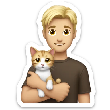young beautiful guy with blonde hair and brown little cat in his hands  sticker