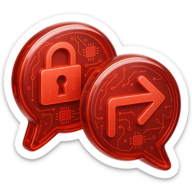 Create a Slack emoji icon in the glossy circuit style as the reference image. Show two bold chat bubbles, one with a padlock and the other with a small external arrow, visually indicating a conversation blocked due to an external party. Use bold lines and clear shapes with a glossy red chat bubble base, ensuring clarity and readability at small size. sticker