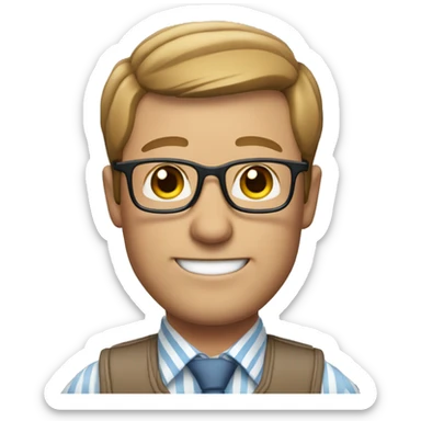 A Memoji-style avatar of a middle-aged man with glasses, short light brown hair, and a friendly expression. The avatar should be wearing a light blue striped shirt with a grey patterned tie, against a white background. sticker