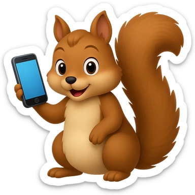 Edit this apple style emoji squirrel so it is only holding a single phone instead of two phones, remove one phone, keep the apple emoji style consistent, and remove the background. sticker