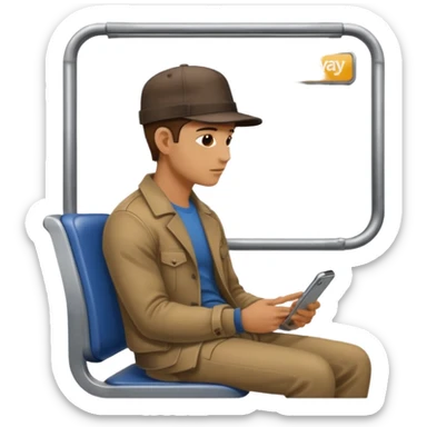 Man sitting on a subway seat, side view, passenger sticker