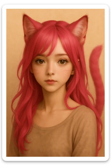 Give the hair vivid pink color, keeping the realistic anime style and pronounced cat-like features, maintaining the original style. sticker