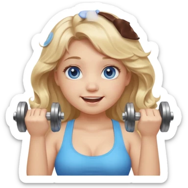 Kawaii emoji girl with big  blue glossy eyes, long wavy dirty blonde hair, happy expression, holding a dumbell, chubby cheeks, soft pastel colors, cozy and sweet aesthetic, clean background. sticker