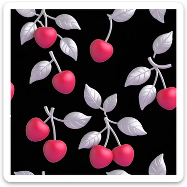 silver metal cherries in a 3D style, highly reflective, detailed, with metallic leaves, transparent background sticker