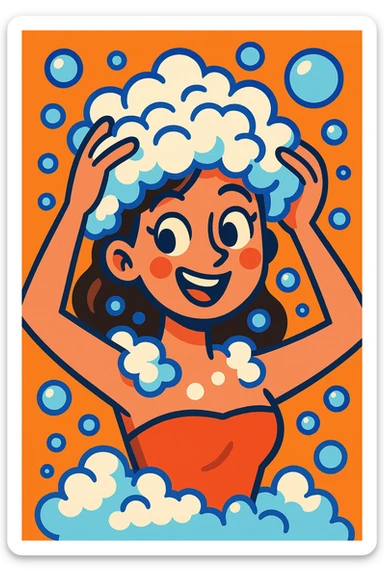 woman with shampoo foam in hair, playful expression, bubbles floating, cartoon style, vibrant colors sticker