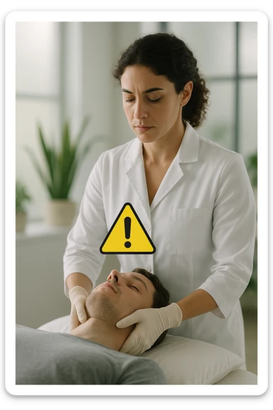 cinematic vertical scene in a bright contemporary osteopath’s office, female osteopath in her 30s with olive skin and curly dark hair tied back wearing tailored white coat and latex gloves gently performing cervical manipulation on a patient lying supine, bold yellow warning triangle with exclamation mark floating above patient's neck signaling risk for postural asymmetry, background with frosted glass potted plants and soft daylight, crisp realistic lighting with shallow depth of field, professional editorial feel, serious and informative mood sticker