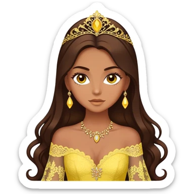 enchantress with brown eyes and tanned skin and long chocolate brown hair wearing a embellished yellow lace gown sticker