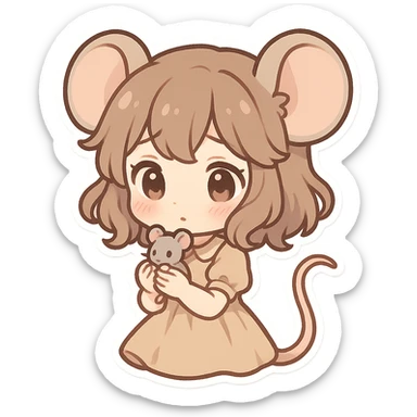 chibi stickers style mouse girl with big round ears, holding a tiny mouse, cute and shy sticker