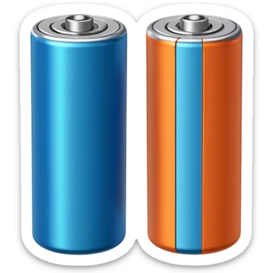 pair of cylindrical batteries with metallic tops and colored bands (orange, blue, or green) to indicate charge, positioned side by side or slightly angled, visible terminals, clean minimal design, no packaging, charger, or device, soft lighting, subtle shadows, emoji scale sticker