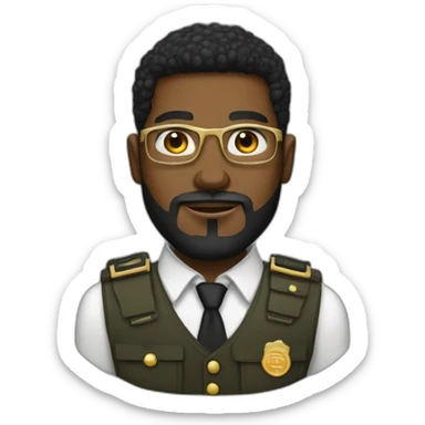 black soldier with beard, part in hair, white collared shirt, bow tie, gold glasses, bulletproof vest  sticker