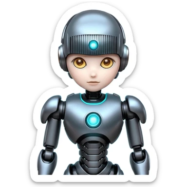 Cute futuristic chibi humanoid robot with large rounded head, glossy black and grey metal body, glowing cyan and amber eyes, visible joints, confident pose, white background, high-detail 3D render, LMX text on chest. sticker