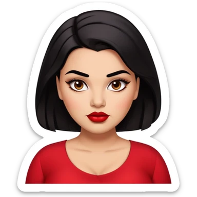 Glamorous full-figured young woman with defined features, brown skin, expressive dark eyes, thick eyebrows, full lips with red lipstick, sleek black hair, slightly plump, wearing a red blouse sticker