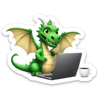 real life dragon with wings, working on a laptop, wearing a shirt with the words hump day on it, with a cup of coffee in his right hand sticker