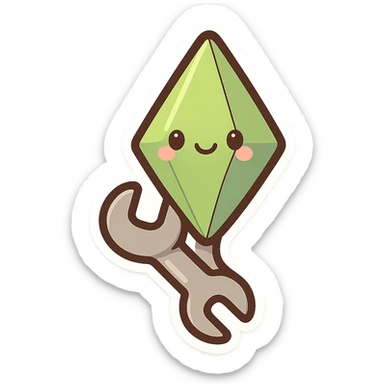 plumbob (crystal from Sims) and wrench combined into one icon, chibi stickers style, cartoonish, friendly sticker