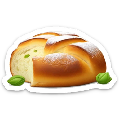 Boule de brioche ronde coupée en deux au milieux avec crème fouettée blanche au centre recouvert d’éclat de pistache  sticker
