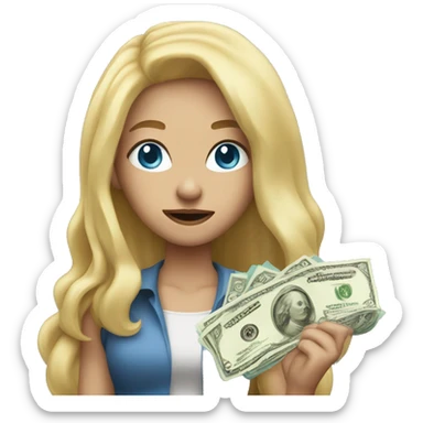 blonde girl long hair blue eyes holding money throwing money mouth closed sticker