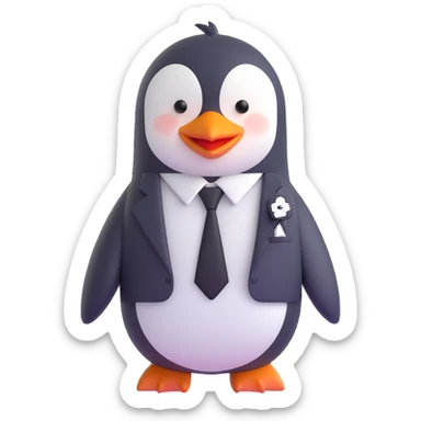 a cute penguin with a missionary outfit, including a white shirt, black tie, and name tag, smiling, clean background sticker