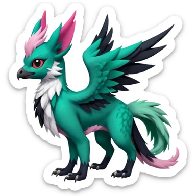 Dark-deep-Emerald-green gryphon-Trico-Nargacuga-Absol-Leafeon-Sprigatito-fusion-hybrid with a long tufted tail, black beak, pink accents, black claws, black tail, majestic, realistic, furry (full body) sticker