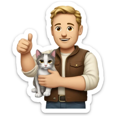Musk holding a cat in his left hand and giving a thumbs-up with his right hand. sticker