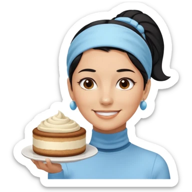  tan skin woman with long face, and short black hair slicked back ponytail with forehead showing, wearing a light blue headband and wearing pale blue turtleneck shirt, eating tiramisu smiling with hair pulled back sticker