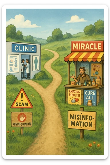 two paths diverge—one leads to a trustworthy clinic with doctors and scientific posters, the other to a shady stand selling “miracle” medicines with exaggerated claims. Signs along the second path warn of scams and misinformation. The scene encourages viewers to choose reliable, science-based healthcare. sticker