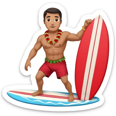 Dark-haired tan muscular 50 year old man with red shorts and shell lei surfing sticker