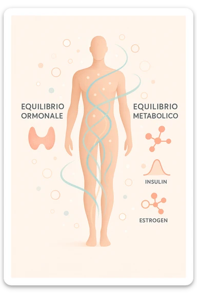 Il corpo è circondato da simboli delicati e bilanciati che rappresentano equilibrio ormonale e metabolico: piccoli cerchi, flussi energetici colorati, simboli stilizzati di tiroide, picco insulina, estrogeni. 4k immagine in italiano sticker