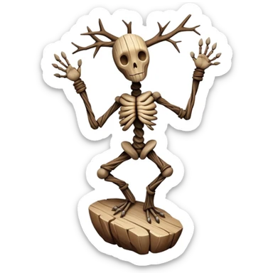 A bipedal entity with limbs of twisted, fossilized wood and a torso composed of stacked, perfectly balanced stones that rotate independently of each other when it moves.

 sticker