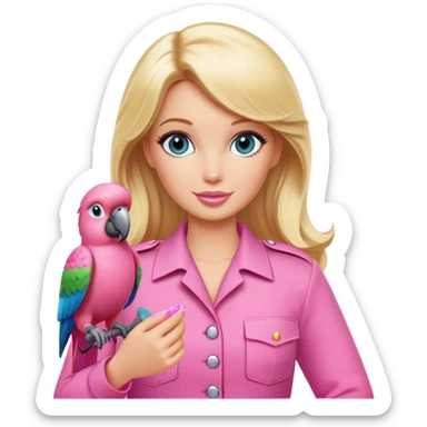 Blonde zookeeper Barbie, pink outfit, holding a pink parrot sticker