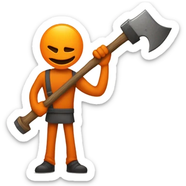 A stick figure character drawn in orange color and a hollow head, holding a large hammer over its head. The character appears to be holding a smaller tool or object in the other hand. sticker