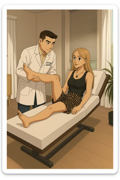 fai un webtoon/manga a colori con questo kinesiologo in camice bianco (fagli la scritta "ANTONIO ANANIA" SUL CAMICE) CHE SVOLGE UN TEST NEUROMUSCOLARE SOLLEVANDO UNA GAMBA ALLA RAGAZZA CHE è STESA SU UN LETTINO BIANCO. STANZA SEMPLICE E MODERNA, DURANTE IL TEST I DUE DIALOGANO TRA LORO. NON FARE I FUMETTI, FAI SOLO LORO COME SE DIALOGASSERO sticker