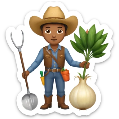 An African American cowboy holding a large onion and a gardening hoe sticker