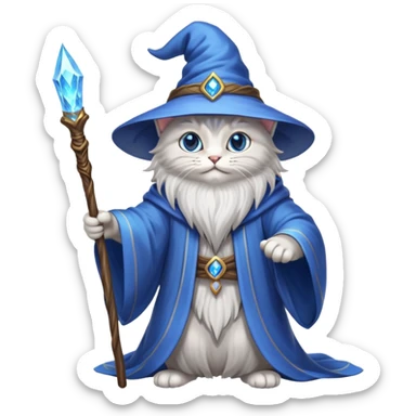A cat wizard casting a spell with magical staff and flowing robes sticker