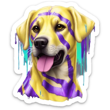 .Zombie_ Vaporwave black holographic oilslick zombie yellow Labrador zombie dog yellow caution tape graffiti stripes iridescent blue purple mane yellow stripes sticker
