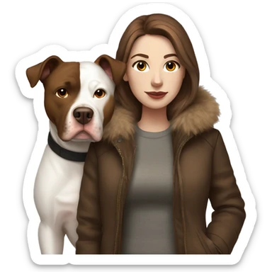 white woman with long brown hair in a furry jacket standing alongside a white pitbull with a brown patch around his eye sticker
