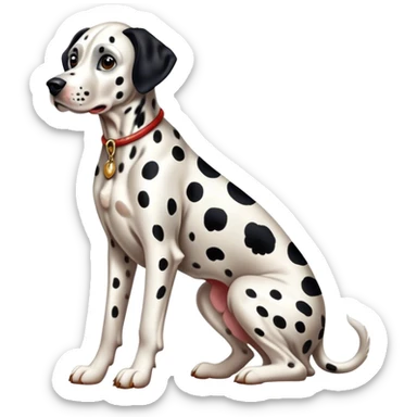 Cinematic Realistic full-body portrait of a Dalmatian dog, rendered with glossy, meticulously detailed spotted fur and expressive, alert eyes, set against a clean, neutral backdrop that highlights its regal and athletic stance. sticker